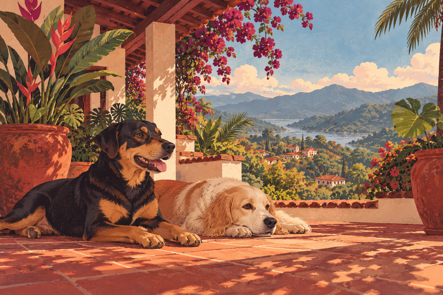 Dos perros descansan a la sombra de un patio