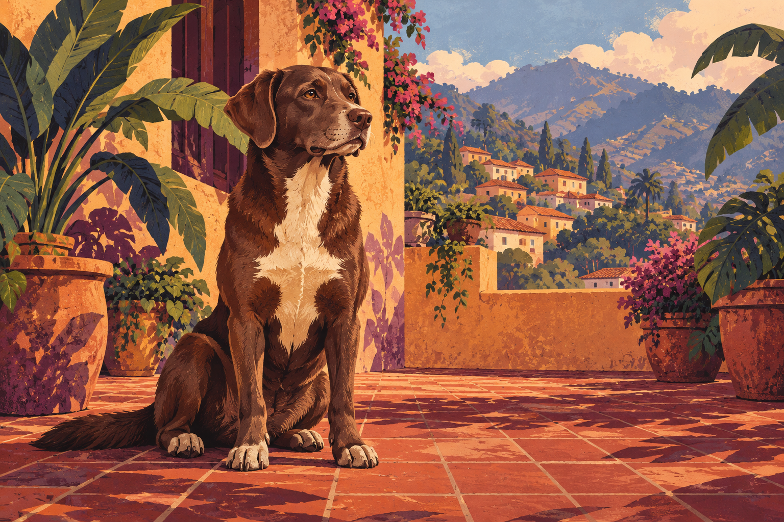 Ilustración de un perro de color café en un patio con materas